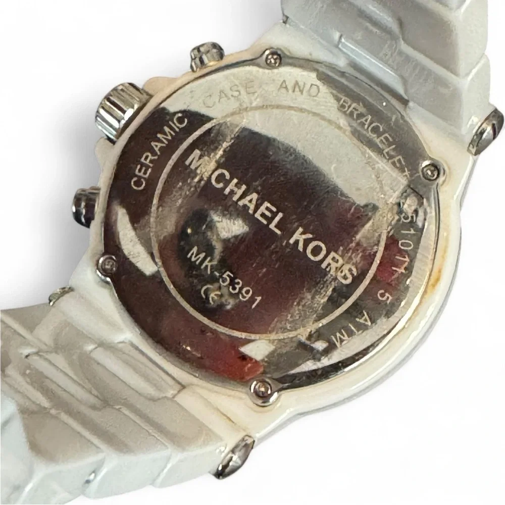 Michael Kors MK-5391 White Ceramic Chronograph Women’s Watch Crystal Bezel - Picture 3 of 11